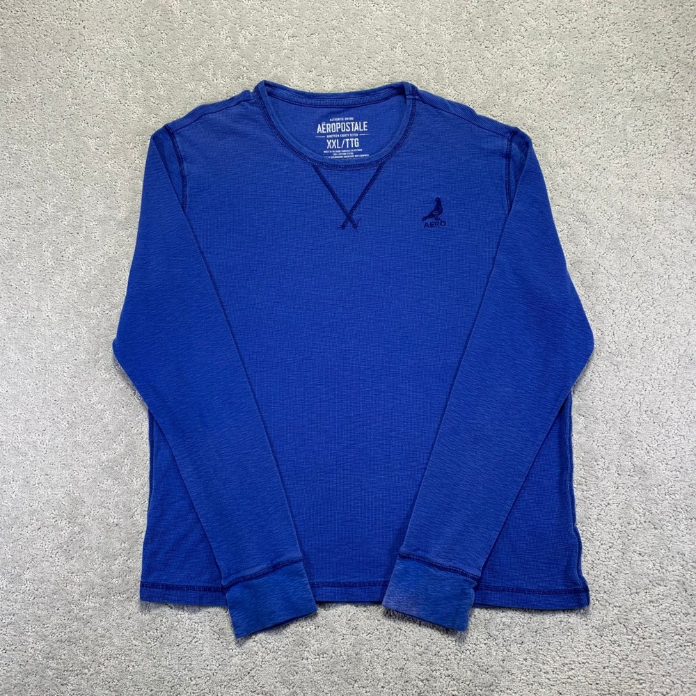Aeropostale Thermal Shirt Mens XXL Blue Long Sleeve Waffle‎ Knit Crewneck
